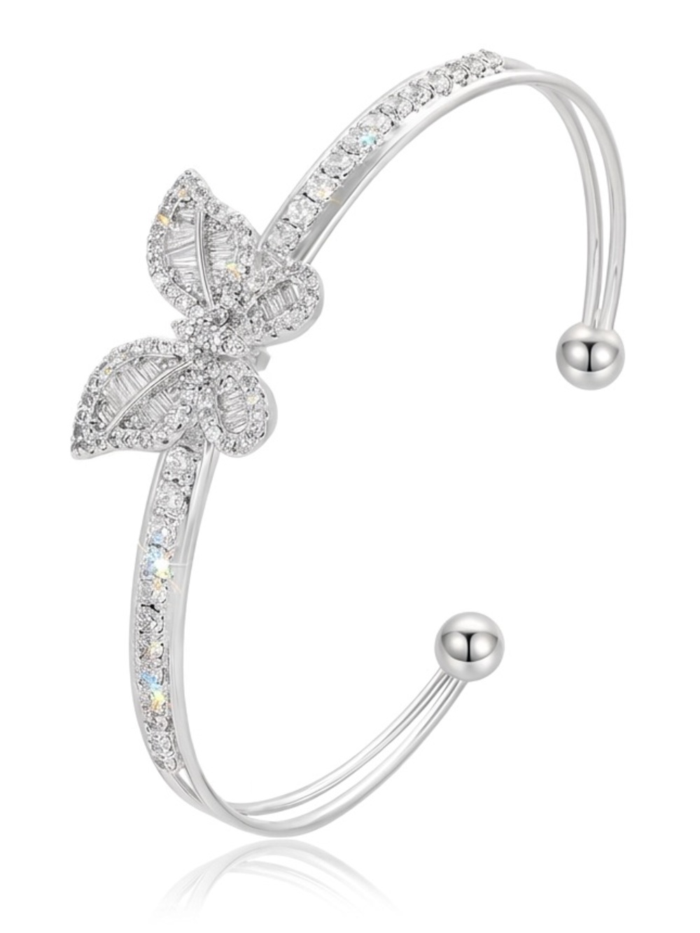Platinum Plated Butterfly Cuff Bracelet | Adjustable Sparkly Silver Bangle
